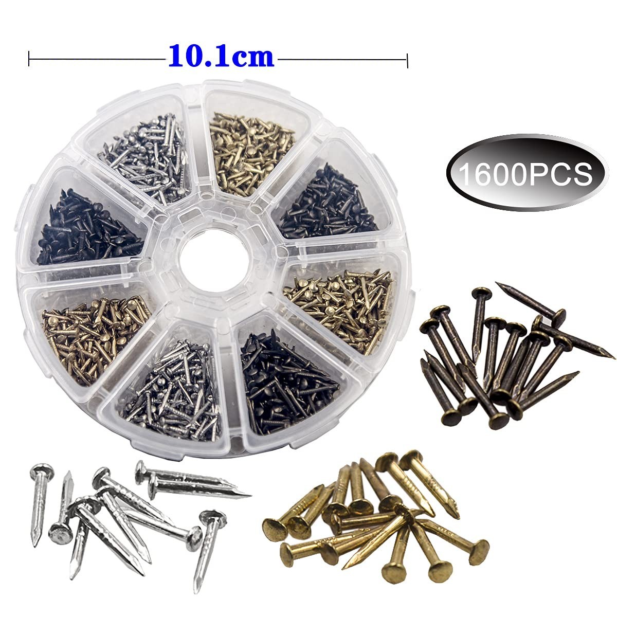 1600pcs Tiny Nails Gold Silver Bronze 1x6mm-1x10mm Set