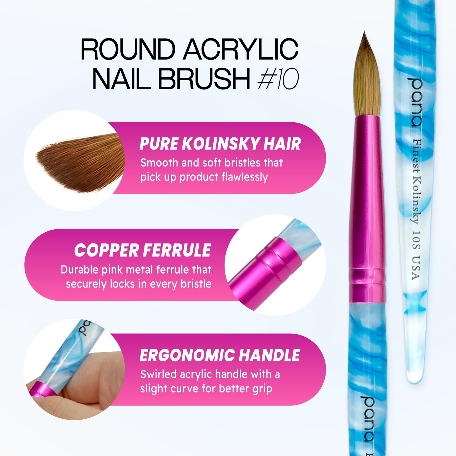 Pure Kolinsky Hair Acrylic Nail Brush – Round Shape Pink Ferrule with White S…