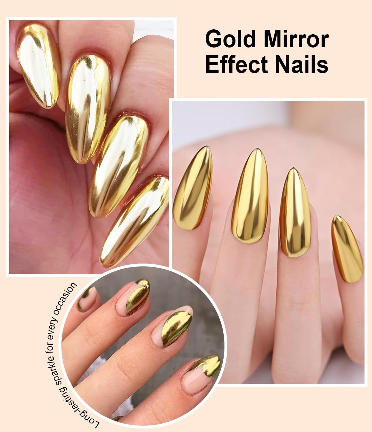 Gold Chrome Nail Powder – Metallic Mirror Effect Nail Chrome Powders Silver C…
