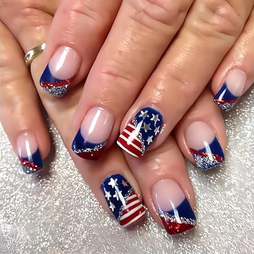 4th of July Press on Nails 1 Count (Pack of 24) 08.red blue French silver star