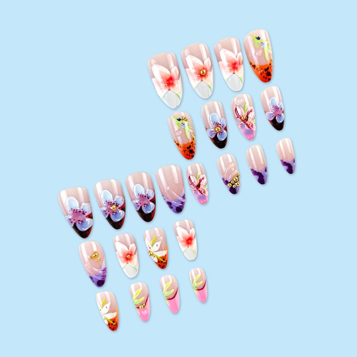 24Pcs French Tip Press on Nails Medium Almond Fake Nails 3D Colorful Flower Pres