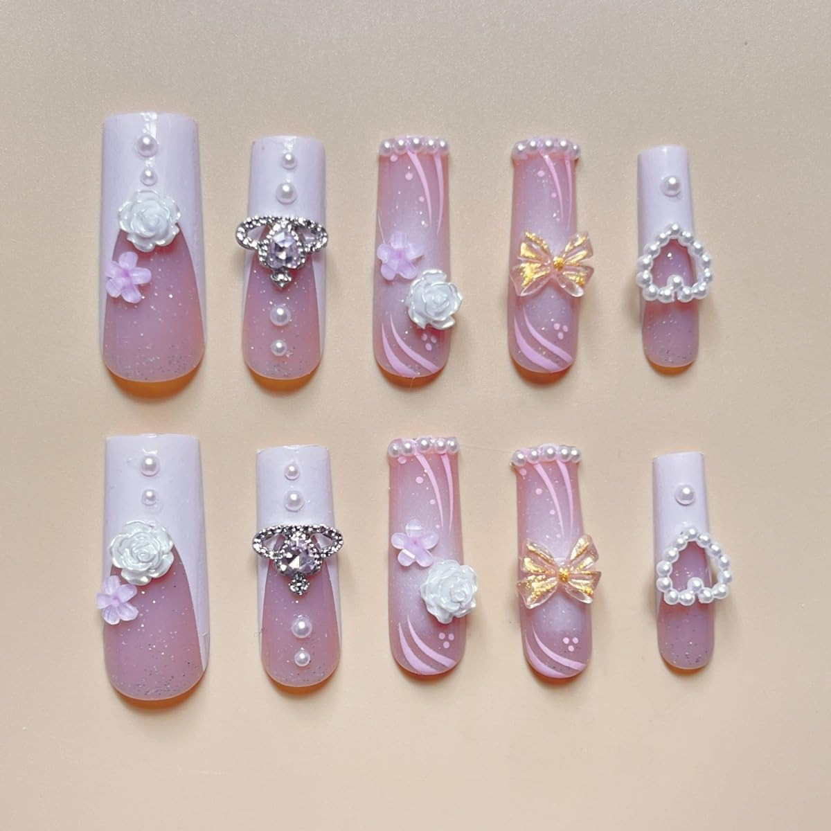 Press on Nails Long Pink False Nails Inlaid with Heart-Shaped Pearls, White Rose