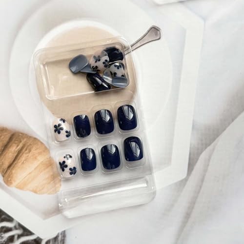 Spring Press on Nails – Blue Flower Short Square Fake Nails – Gold Foil Pattern4