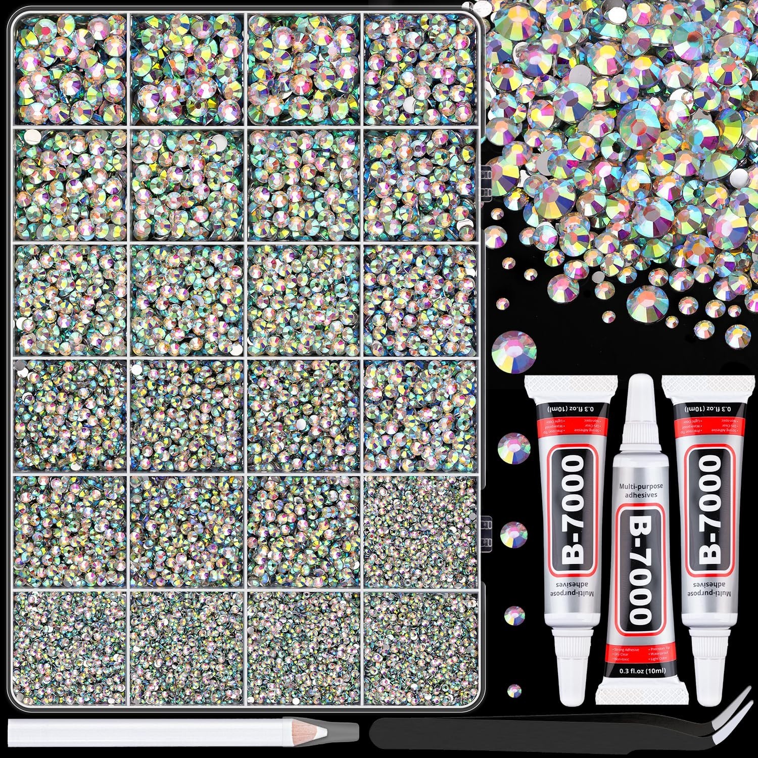 25000 Iridescent Resin Rhinestones Set with Tweezers & B7000 Glue Adornments