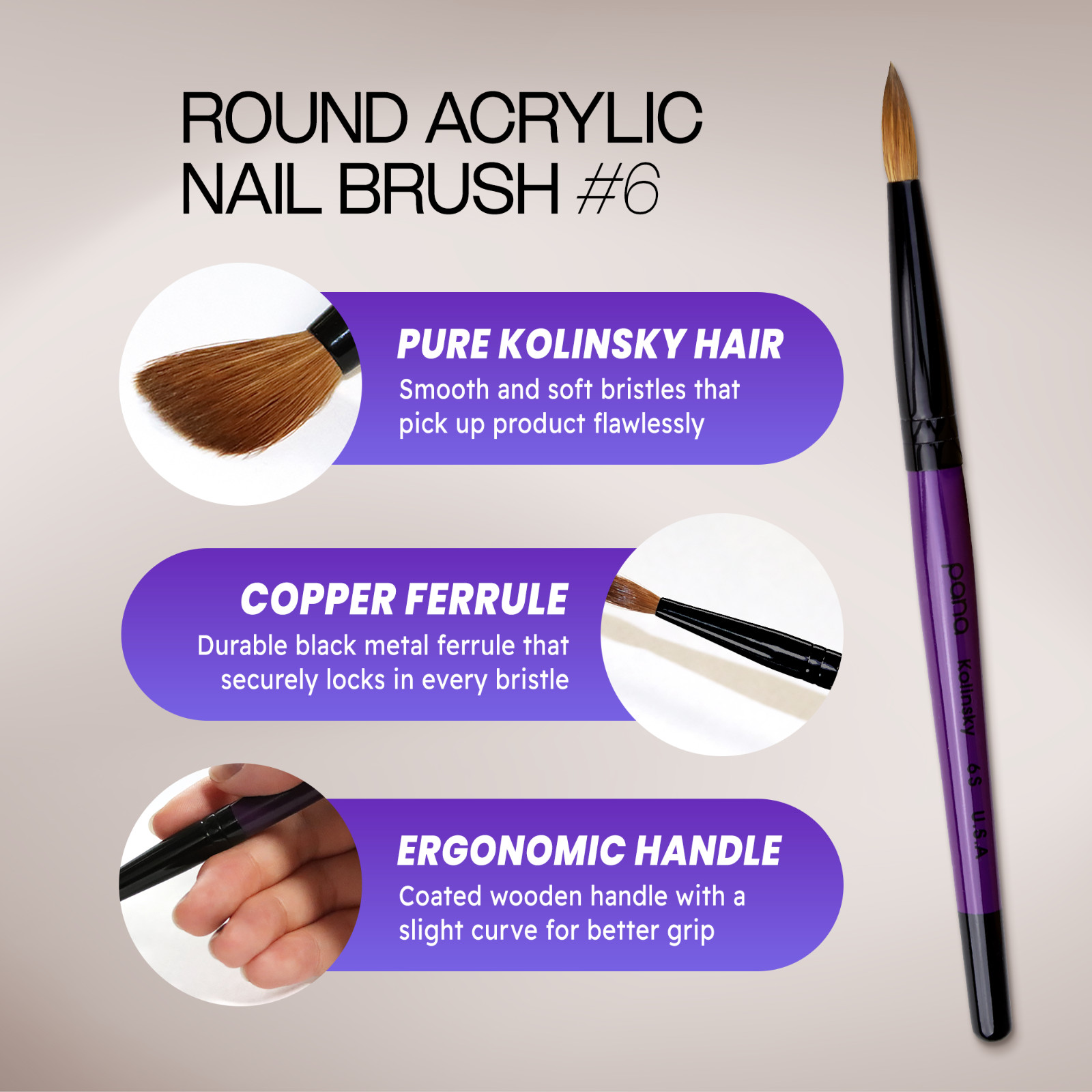 Pana Professional 100% Kolinsky Acrylic Nail Art Brush with Purple Wood Size 6
