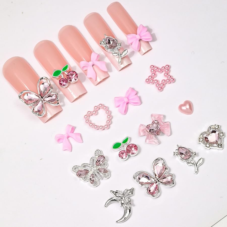 110PCS 3D Pink Cherry Heart Bow Nail Charms and Rhinestone, Junk Case Charms,…