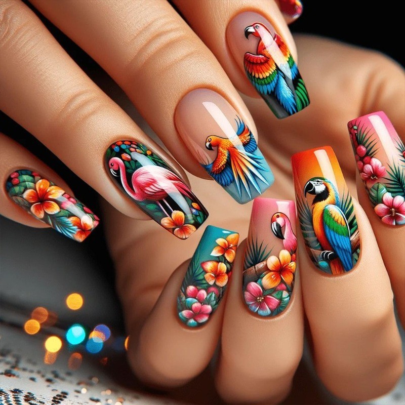 48pcs-Summer Tropical Press on Nails, Flamingo & Parrot with Hibiscus Flower Art