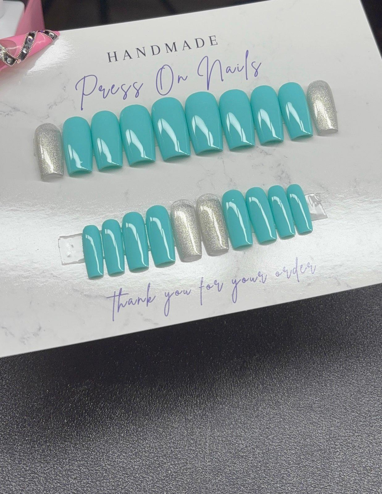 Medium square Press on nails silver glitter teal light blue handmade custom gel