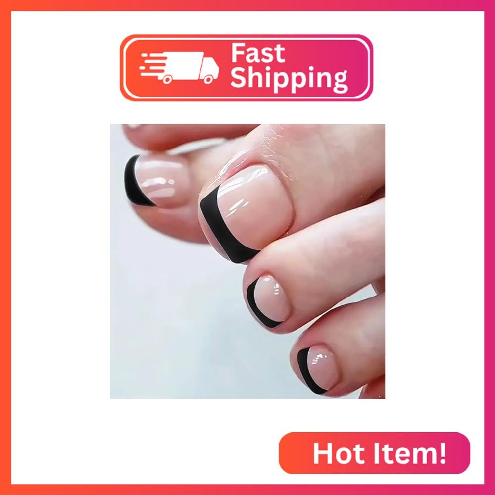 24Pcs French Tip Press on Toenails Short Square Fake Toe Nails Black Tip Acrylic