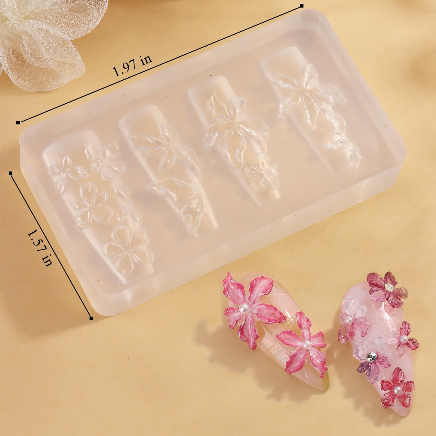Silicone Nail Molds, 2PCS Reusable Clear 3D Flowers Nail Art Molds with Carving