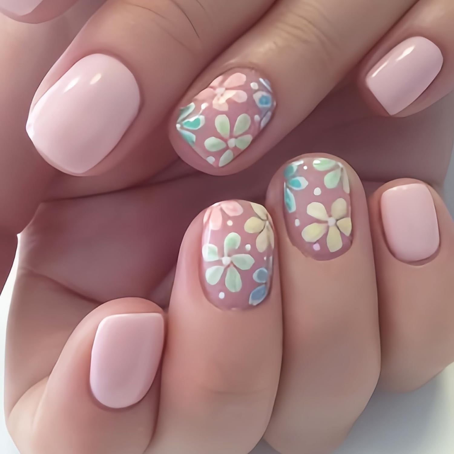 Light Pink Floral Press-On Nails – Full Cover Glossy Art for Women & Girls