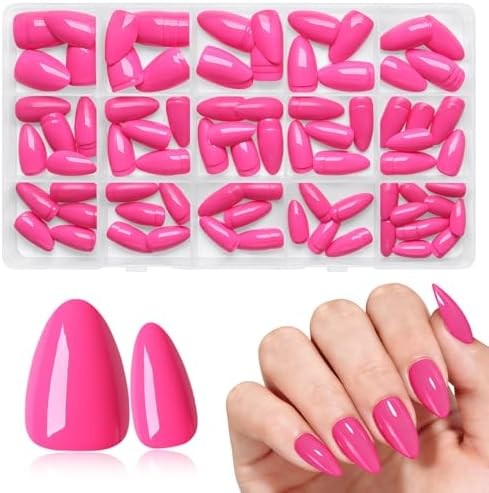160Pcs Press on Nails Short Almond – Hot Pink Nails Press ons with 5 Pieces Jell