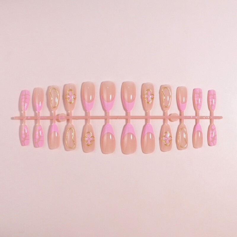 24 Pieces Medium Length Press On Nail with 3D Flower Artistic Designs False Nail