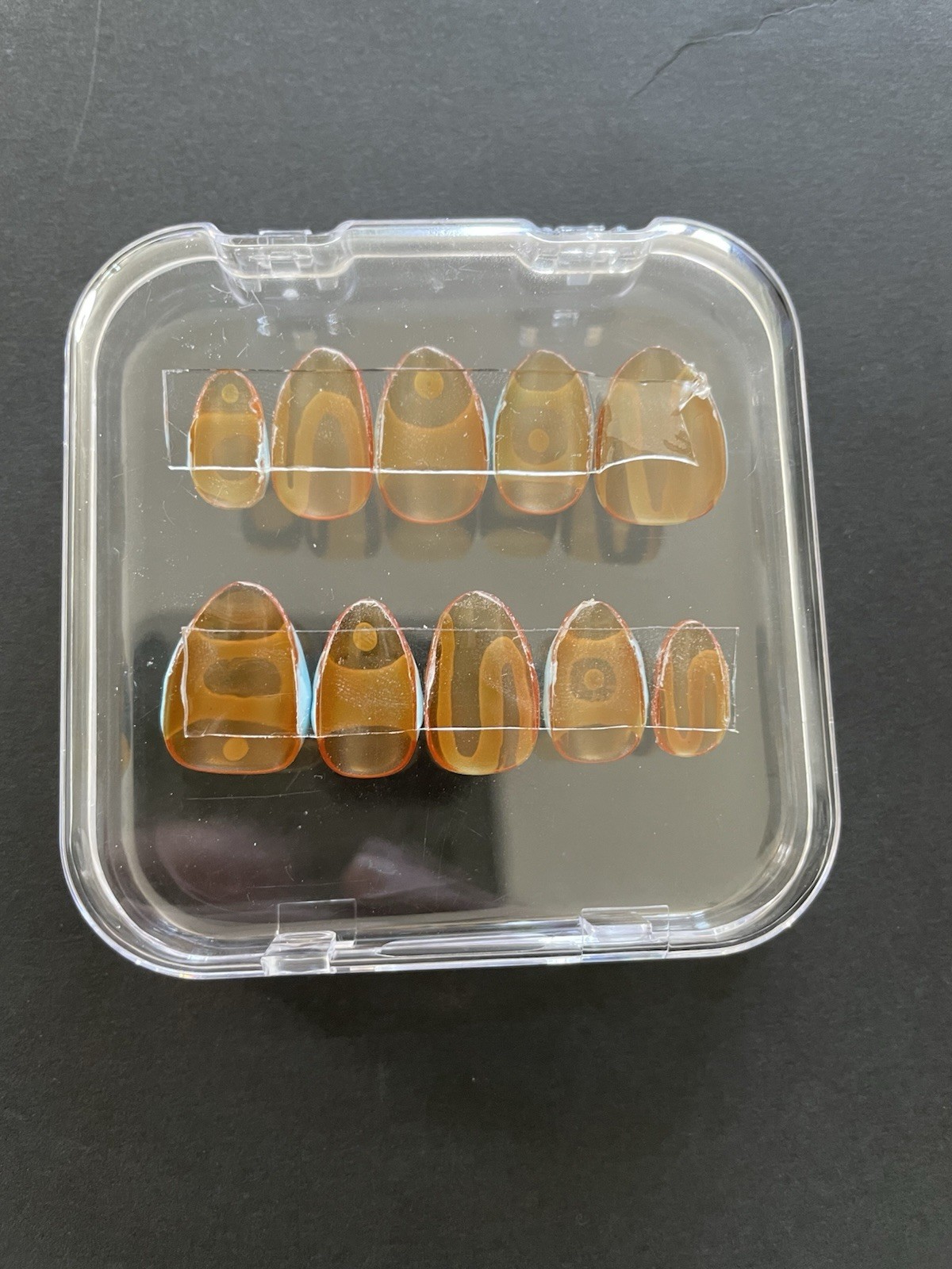 Homemade Press-On-Clear Orange With Blue Abstract Art Almond Nail Set