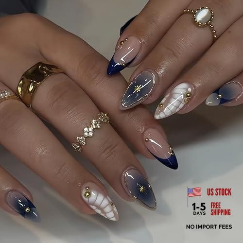 24Pcs Ombre Blue Press on Nails Medium Almond Fake Nails with Rhinestones