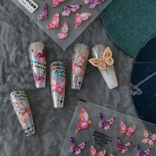 5D Butterfly Nail Stickers, Pink Butterfly Nail Decals (111)