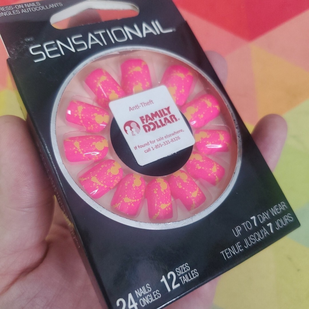 SensatioNAIL Press On Nails ~ #72357 Neon Pink W/Yellow Paint Splatter~24 Nails