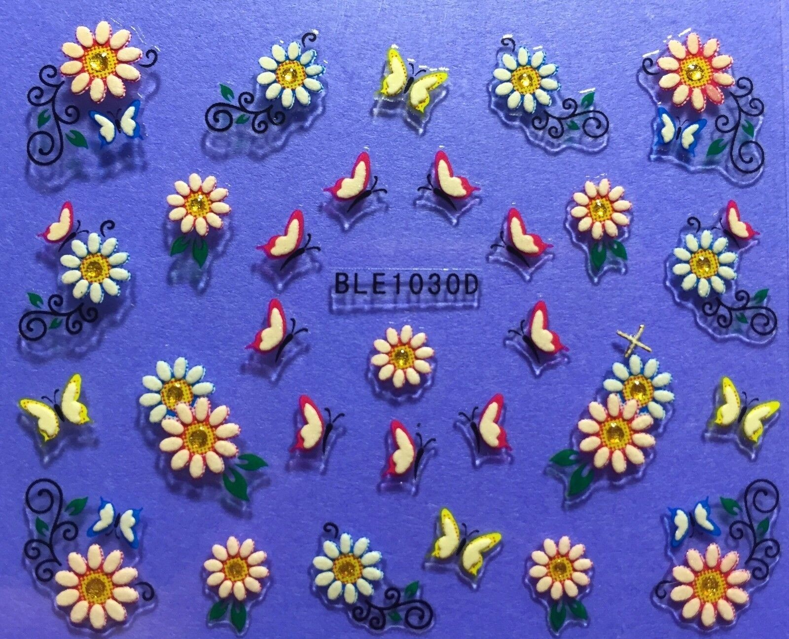 Nail Art 3D Decal Stickers yellow pink blue Flowers butterflies BLE1030D