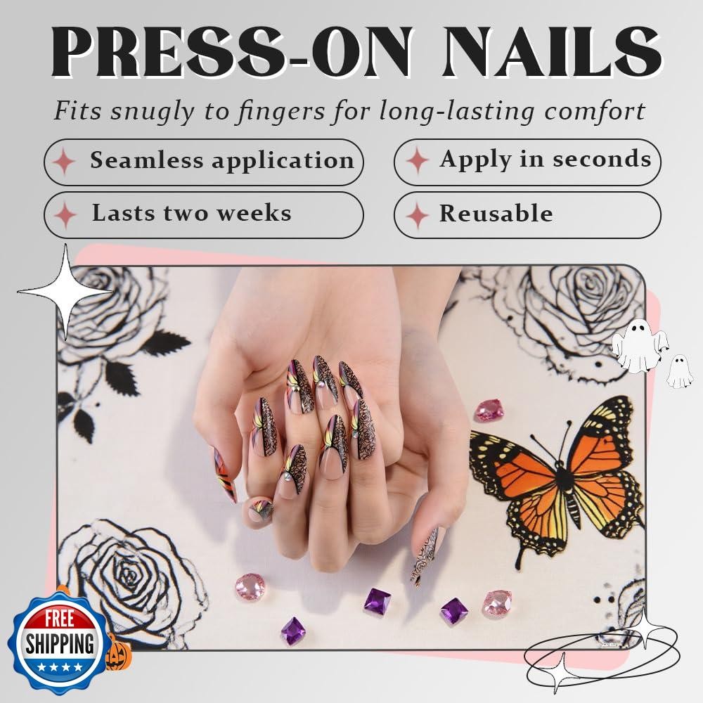 Nude Press on Fake Nails Medium Almond with Black Rose Design, Press on Nails