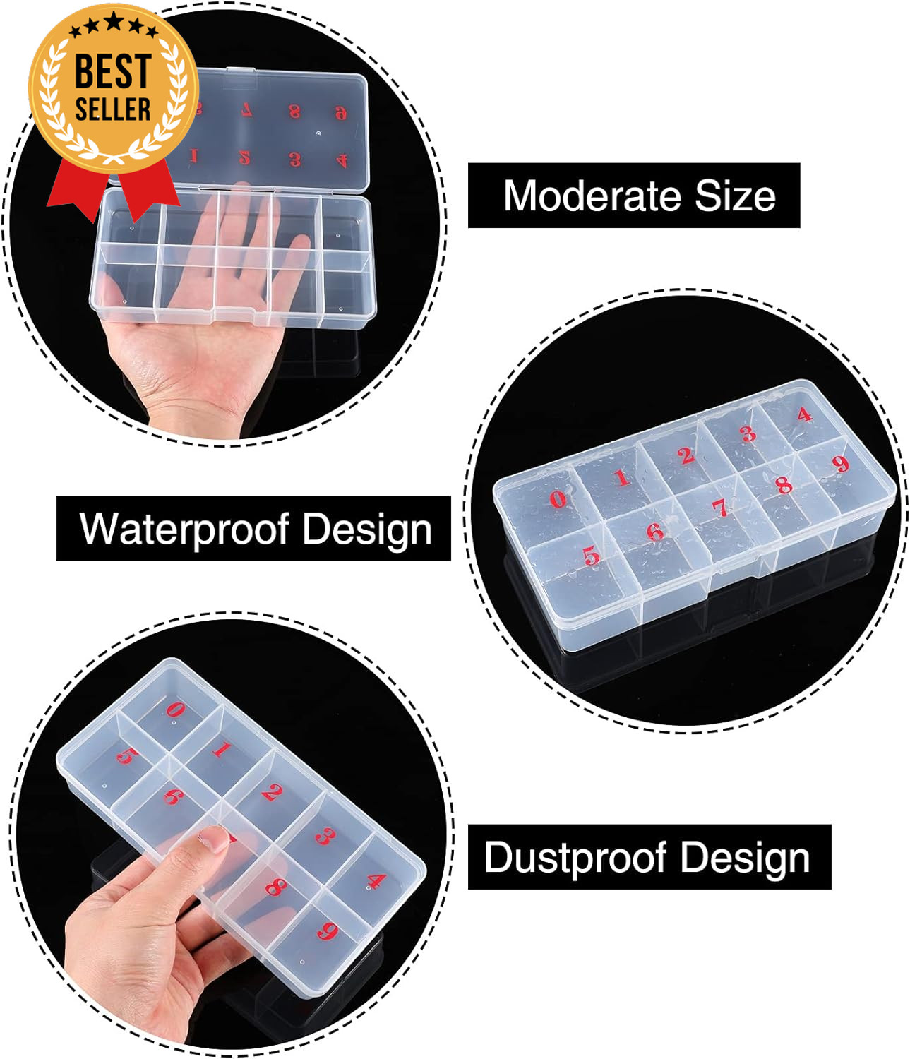 2x Empty Nail Tip Organizer Box 10-Grid Storage Case for Nails/Jewelry