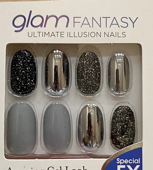 Kiss Glam Fantasy Glue On Full Cover Medium Length Oval Black Silver Nails x1