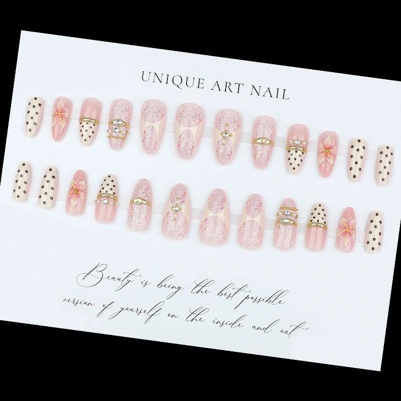 48pcs-Nude Beige Press on Nails Almond Polka Dot Lace 3D Flower Rhinestones
