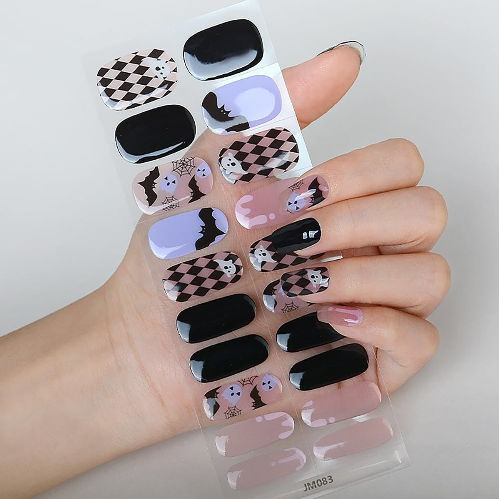 Halloween Semi Cured Gel Nail Strips, Cute Bat Ghost UV Nail Wraps – Long Las…
