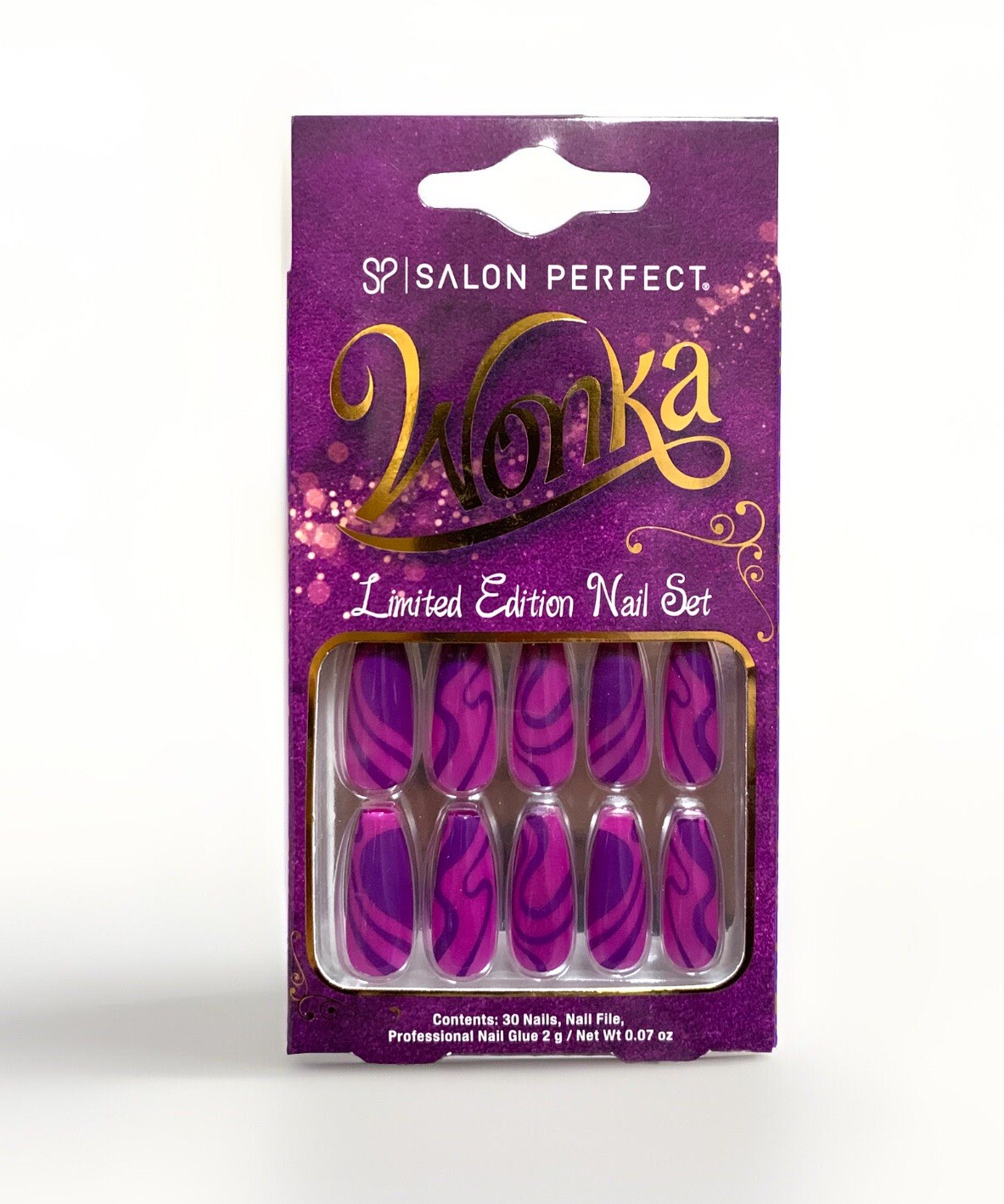 NEW Salon Perfect WONKA~PURPLE SWIRL Limited Edition 30ct Glue-On Faux Nail Set