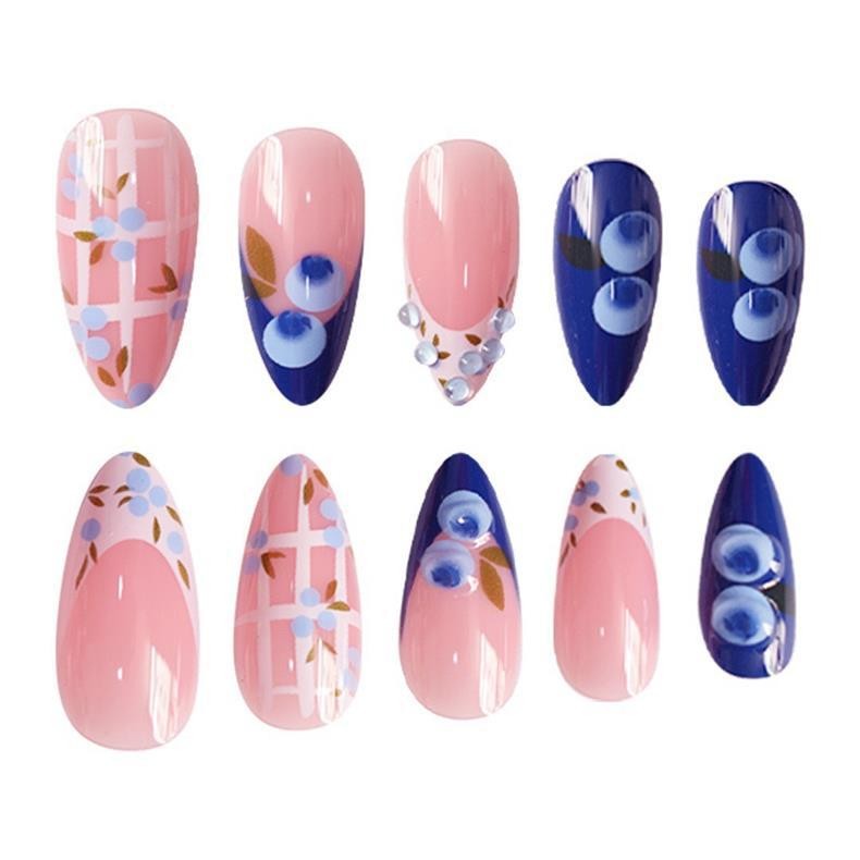 Sweet Almond False Nails Cute Blueberry Plaid Design Press on Nails Wholesale