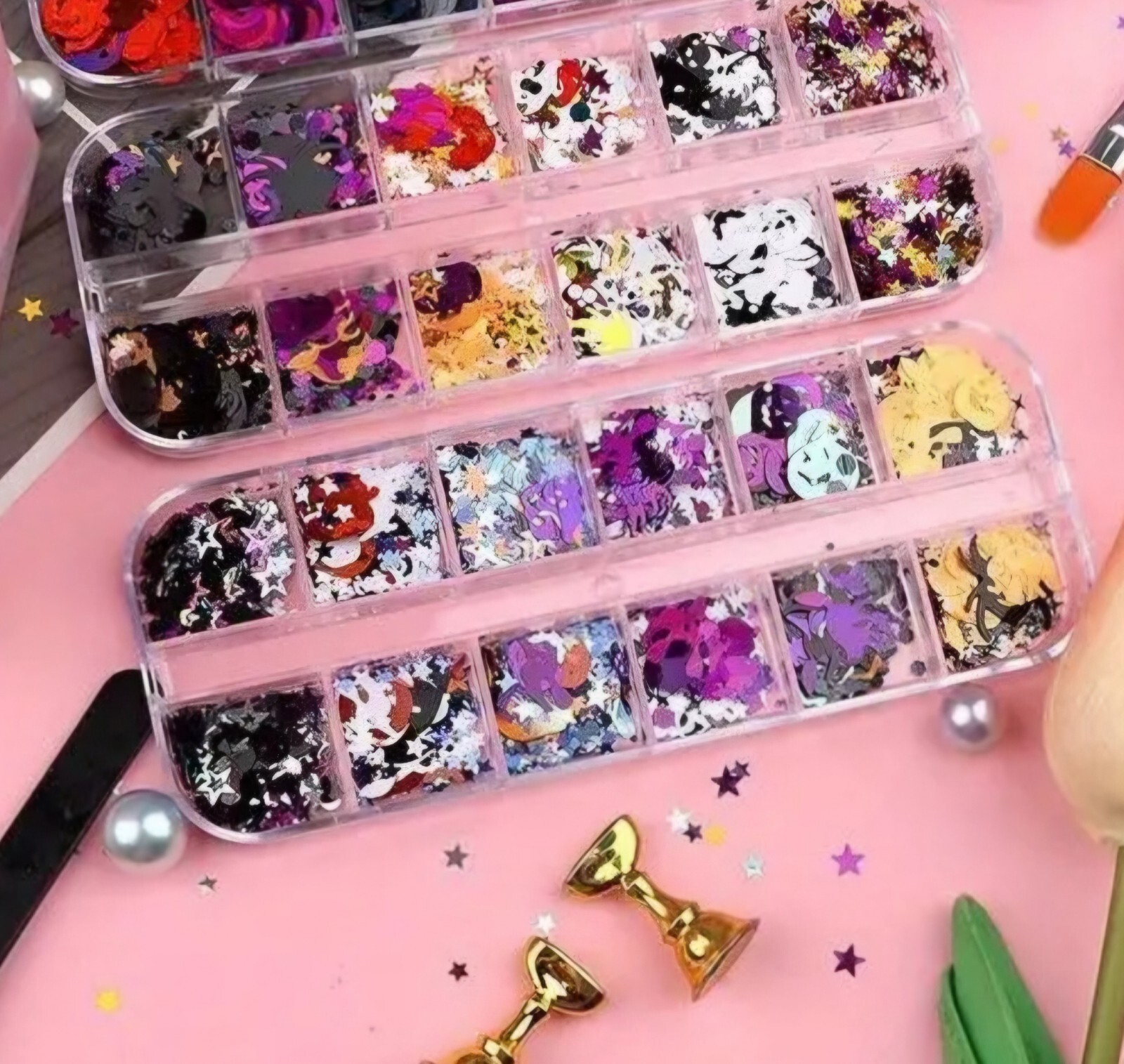 Box Lot 3D Nail Art Charms Halloween Pumpkins Spiders Cats Stars Witches Bats