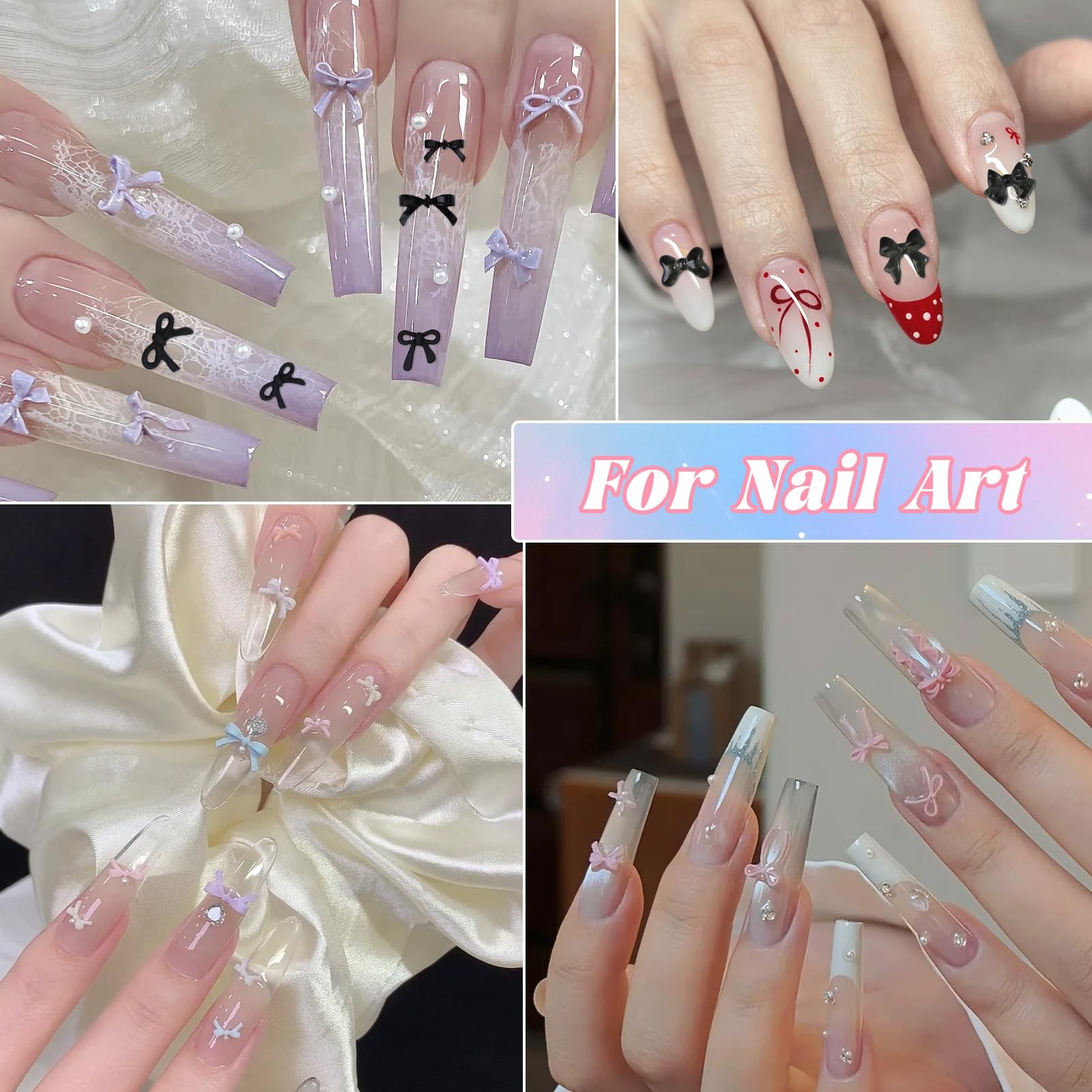 2 Boxes 3D Bow Nail Charms, Black Mini Bow Charms Transparent/Solid Resin Bow…