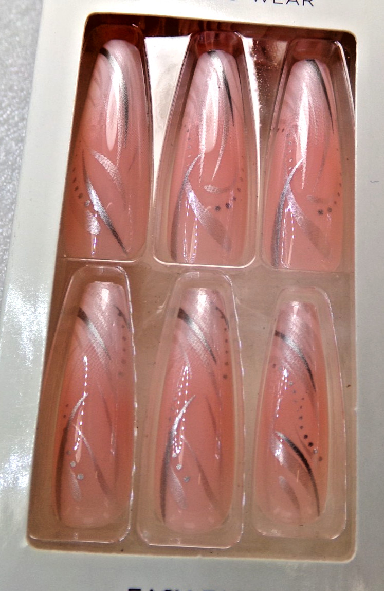 KISS NAILS GLUE ON Shiny Peachy Pink, Extra LONG LENGTH, COFFIN SCULPTED SHAPE