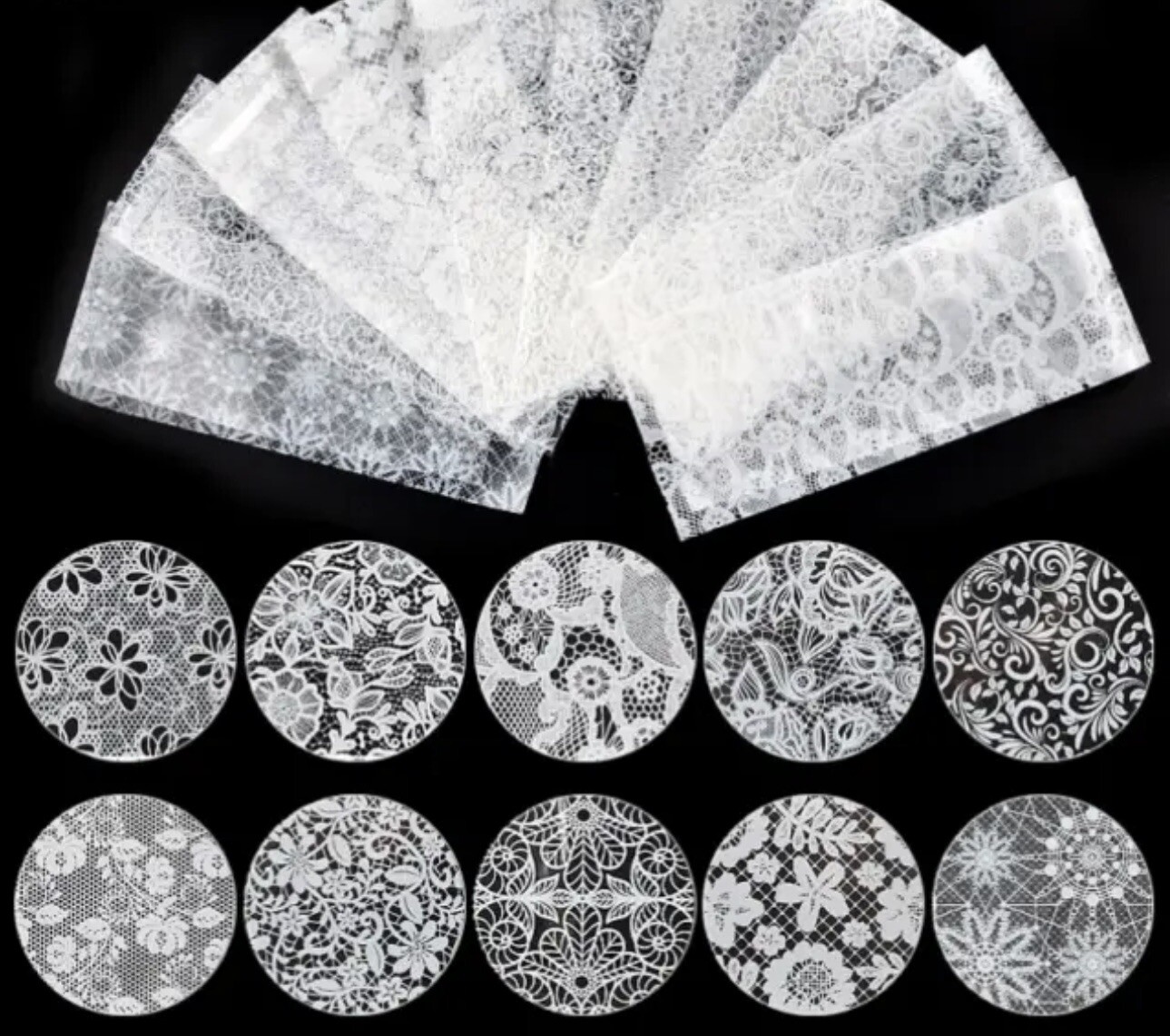 10Pcs Black White Flower Lace Foils Nail Art Transfer Stickers Decals Tips NH8