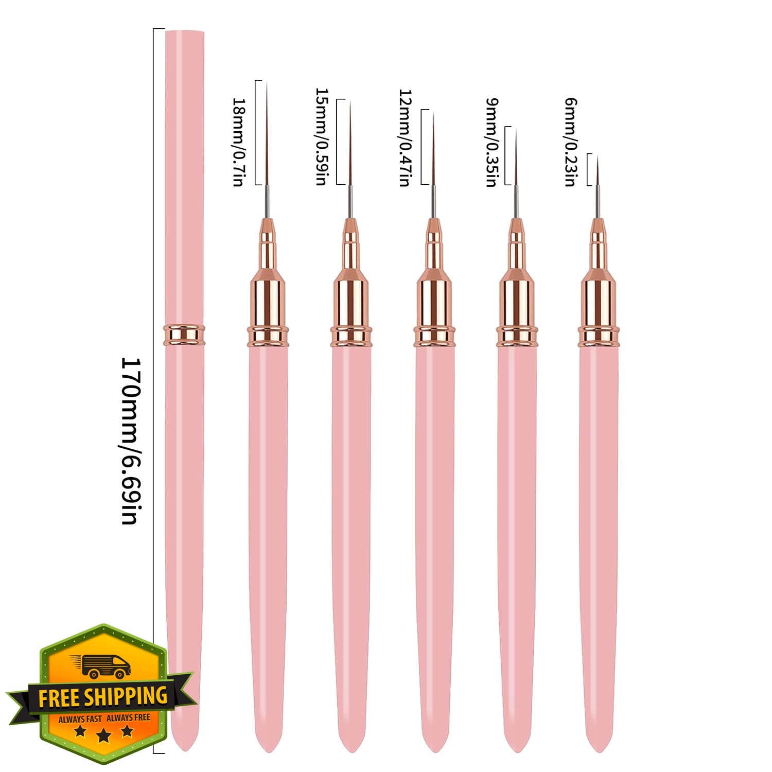 DAIXIANGER 5PCS Nail Liner Brushes Pink 6-18mm