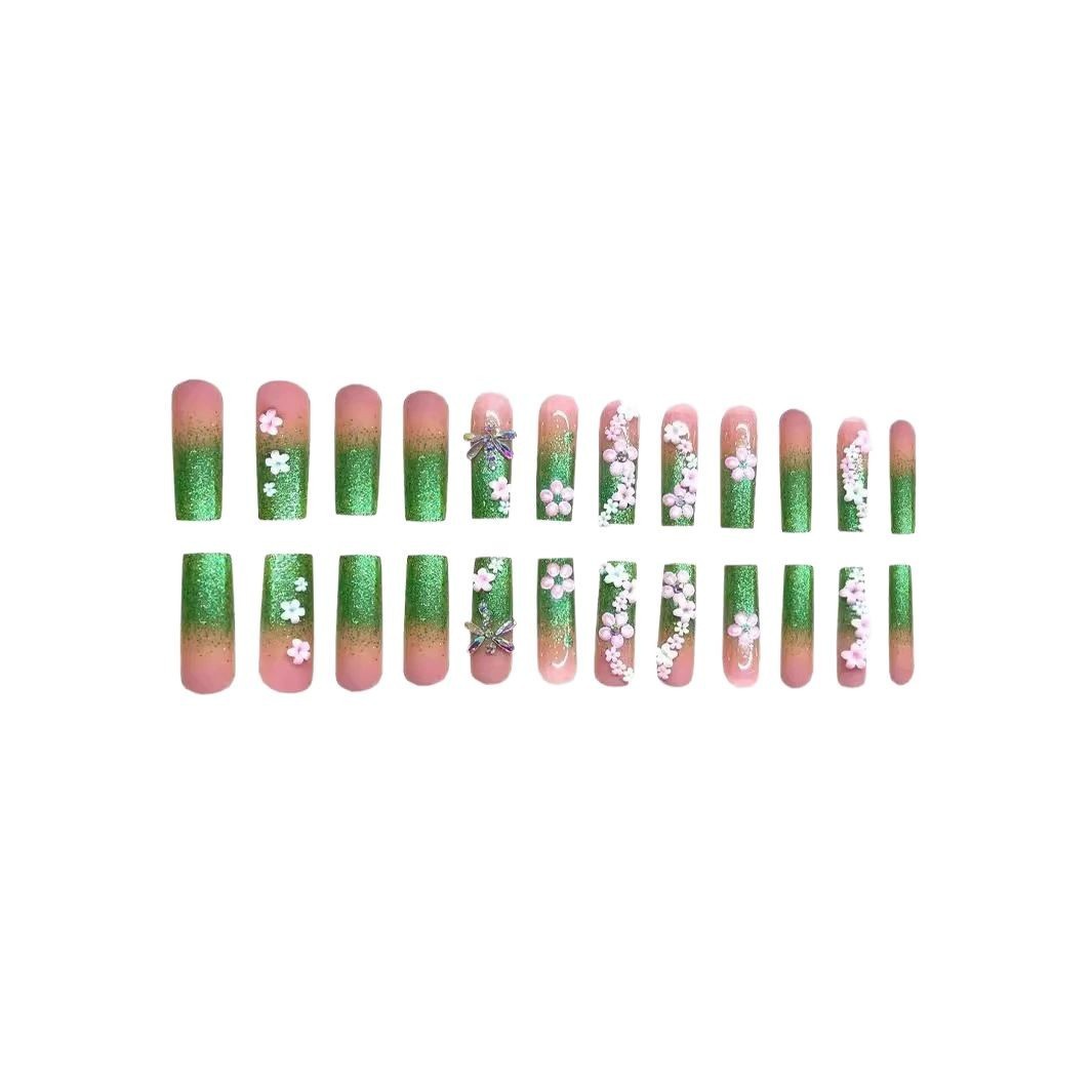 48Pcs Green Gradient Removable Press On Nails With Dragonfly Flower Toe
