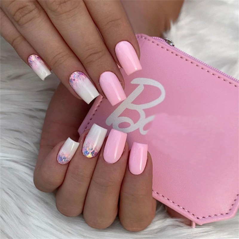 48pcs-Barbie Pink Press on Nails with White Ombre Tips and Iridescent Glitter