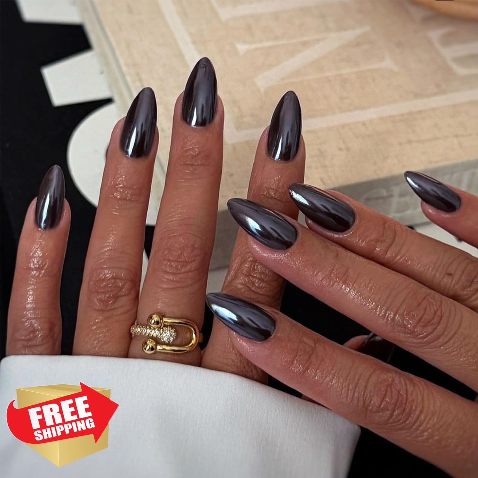 SEMATA Black Chrome Almond Press on Nails Medium Acrylic 24Pcs Bling