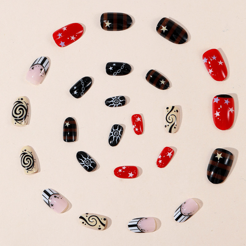 48 Pcs Swirl Star Stripe Oval Nails, Retro Unique Trendy Fake Press on Nails