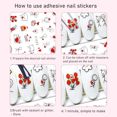 6 Sheets Valentines Nail Stickers, 3D Self-Adhesive Heart Nail Red Heart