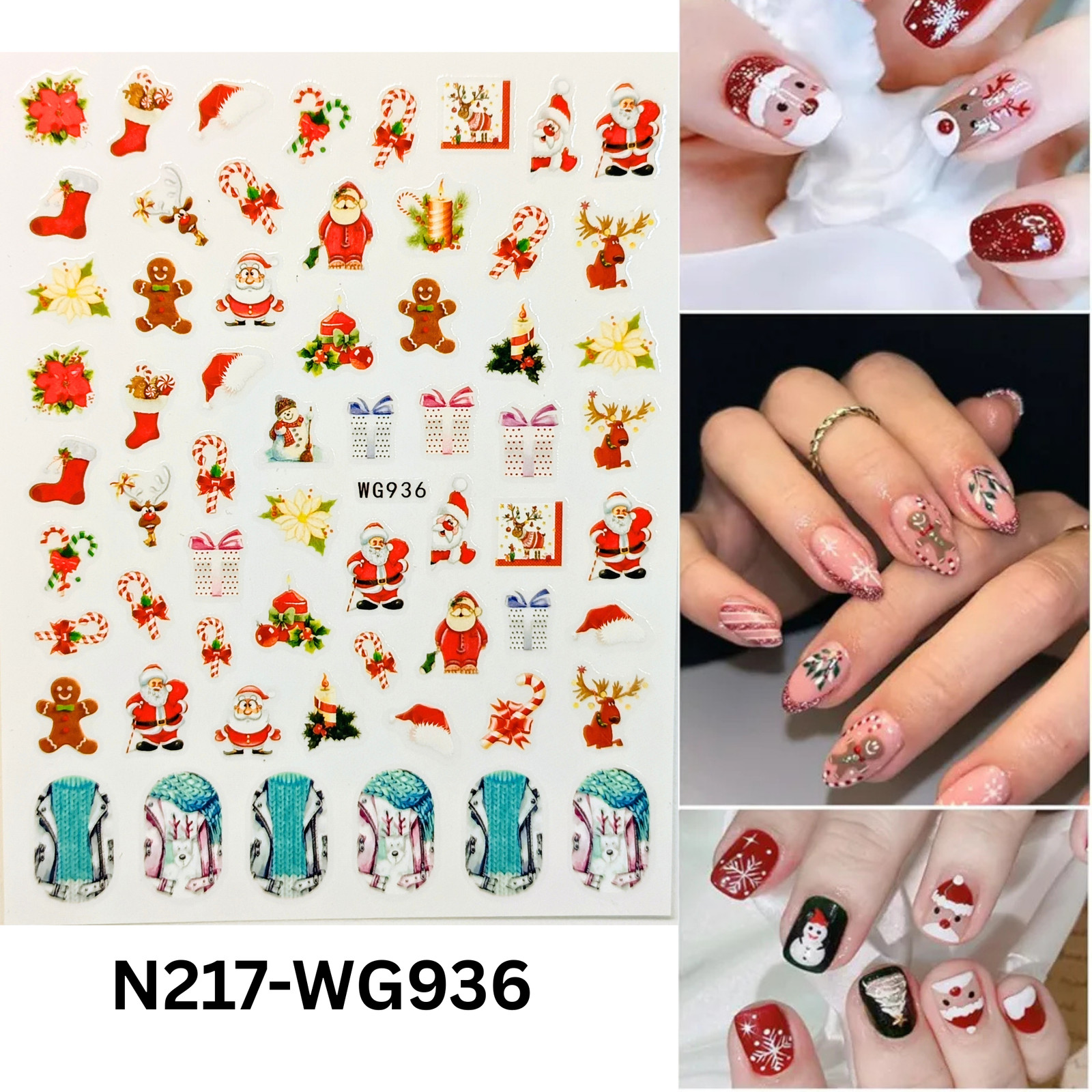 Festive Holiday Christmas Nail Art Stickers – Santa, Reindeer & Gingerbread