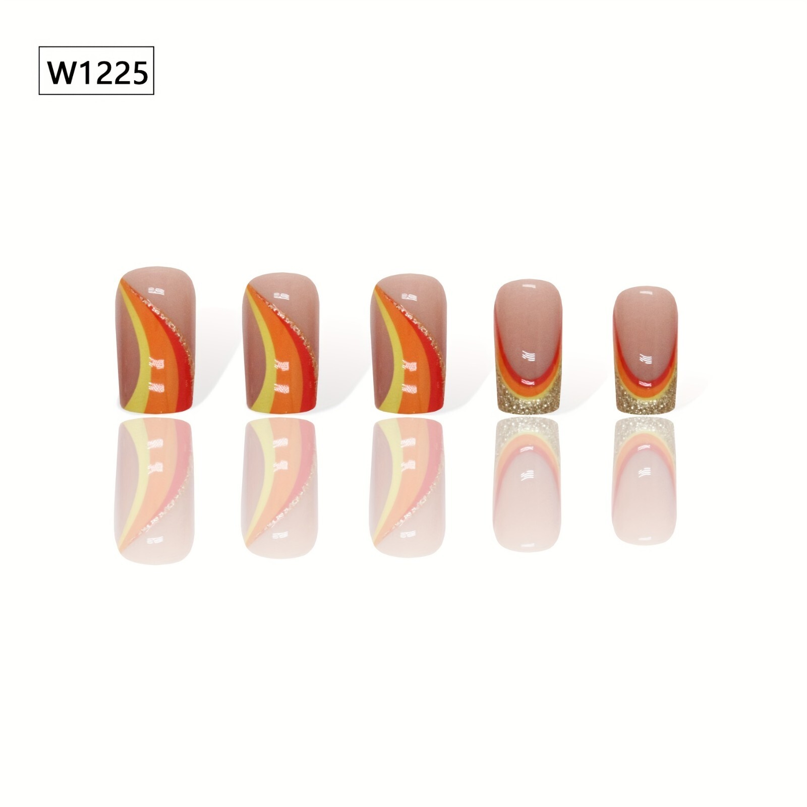 24pcs Vibrant Pumpkin Orange Glossy Square Press-On Nails – Silvery Glitter Stri