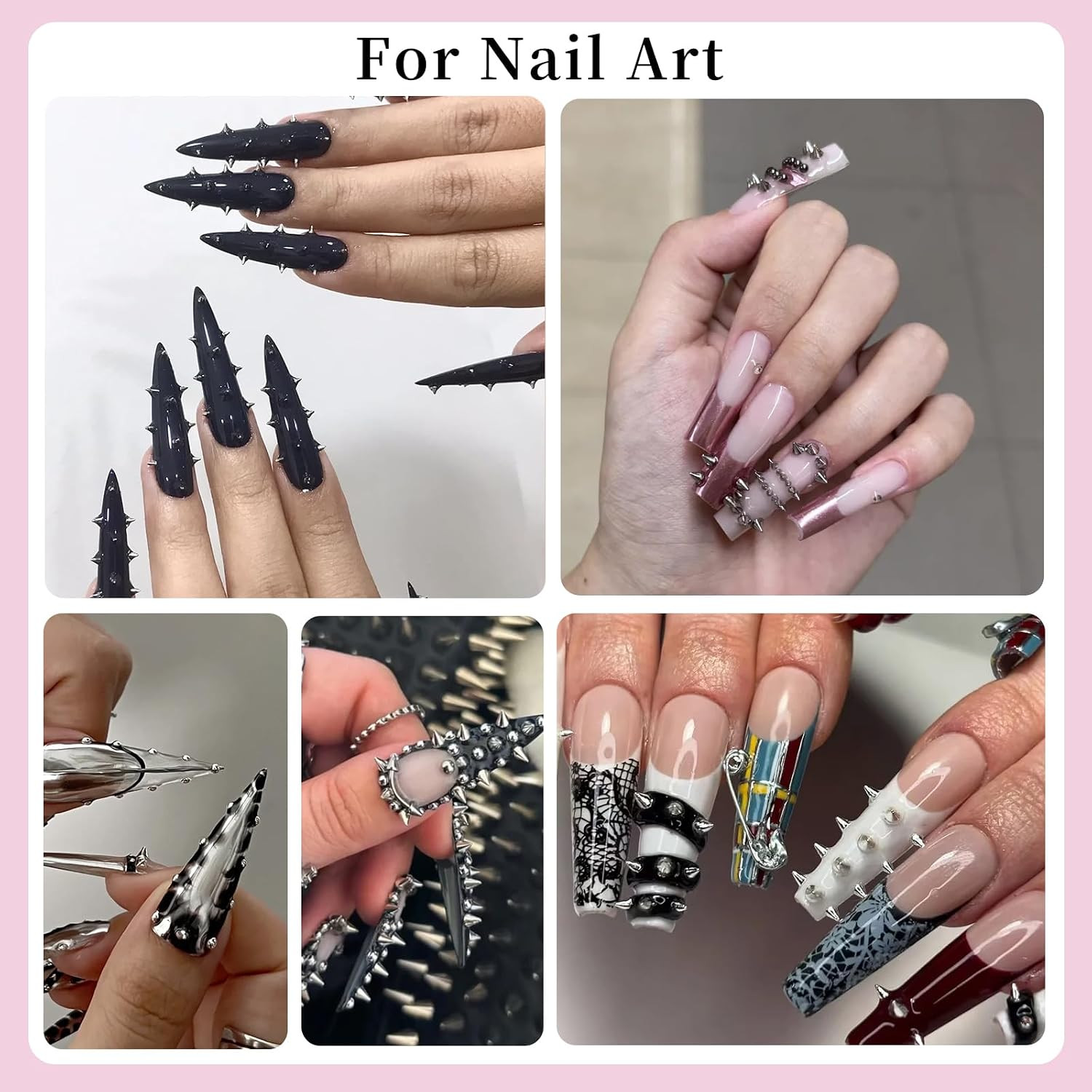 3D Mini Metal Punk Nail Art Studs, Mixed Sizes Gold Silver Black Alloy Cone Spik