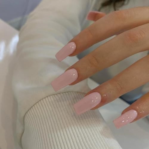Dusty Pink Long Medium Press on Nails Coffin Nails Press Ons glossy pale pink