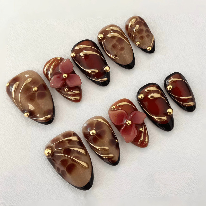 60pcs Short Oval Press on Nails,Caramel Tortoise 3D Flower Gold Line Trend Nails