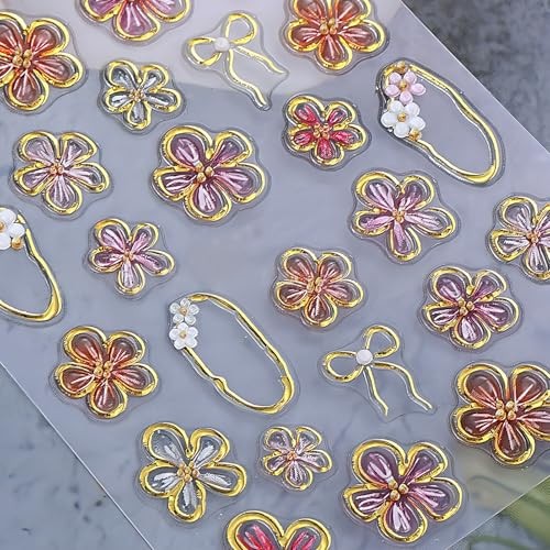 5D Nail Stickers Set for Women Girls, 2 Sheets 3D Flower & Butterfly Nail Pink