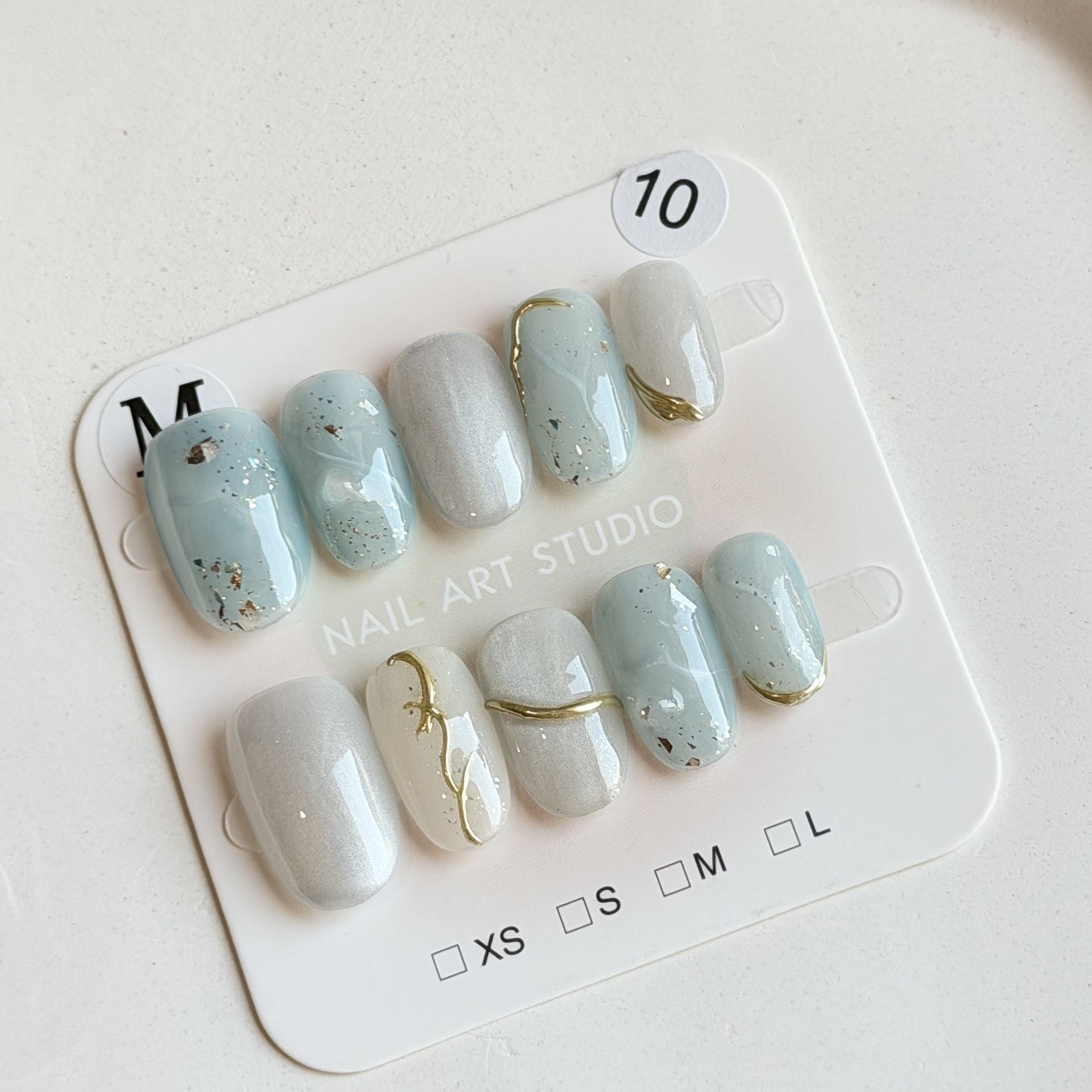 Handmade Light Blue Press-On Nails Size M Short Oval Reusable Fake Nail