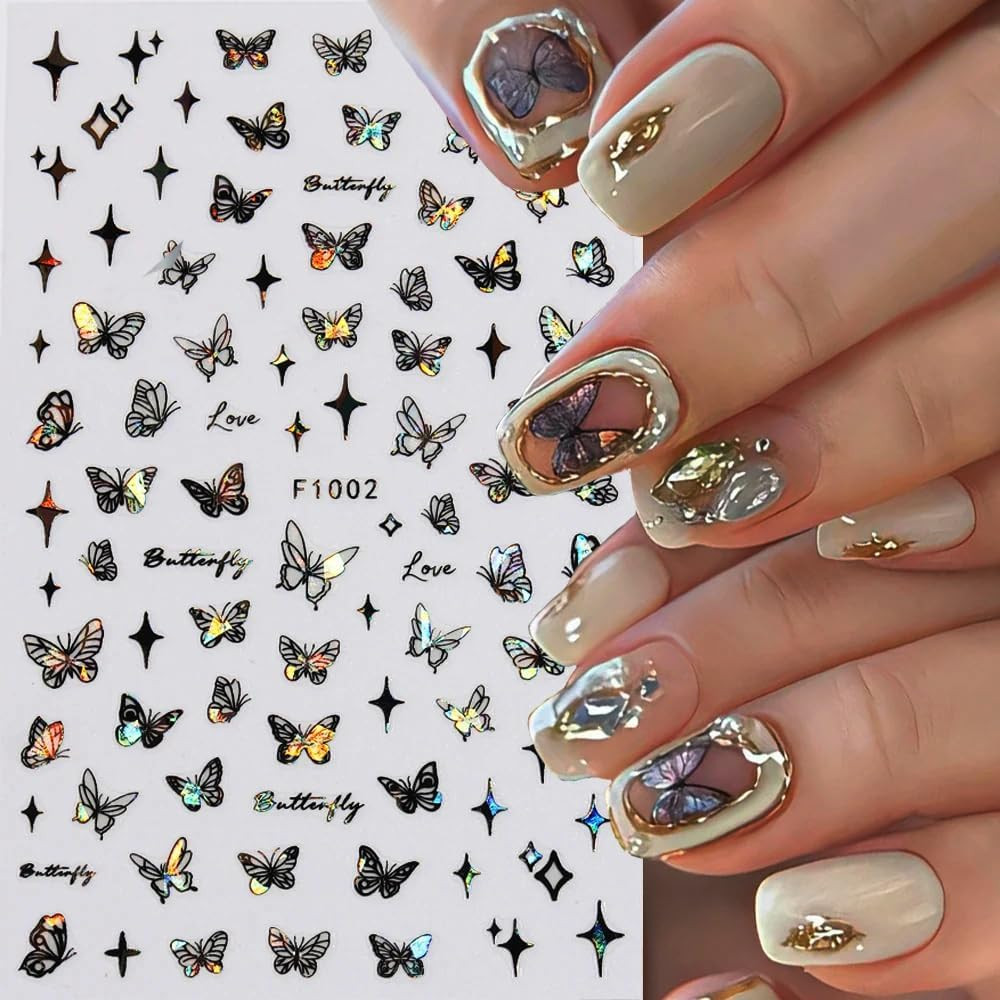8Pcs 3D Laser Black Butterfly Nail Stickers for Women Holographic Butterfly Nail