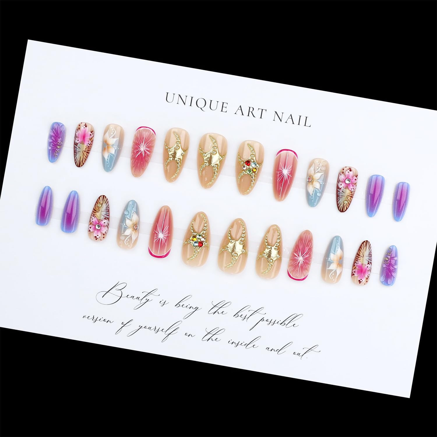 24Pcs Flower Press on Nails Medium Almond Fake Nails with 3D Floral Gold Beads C