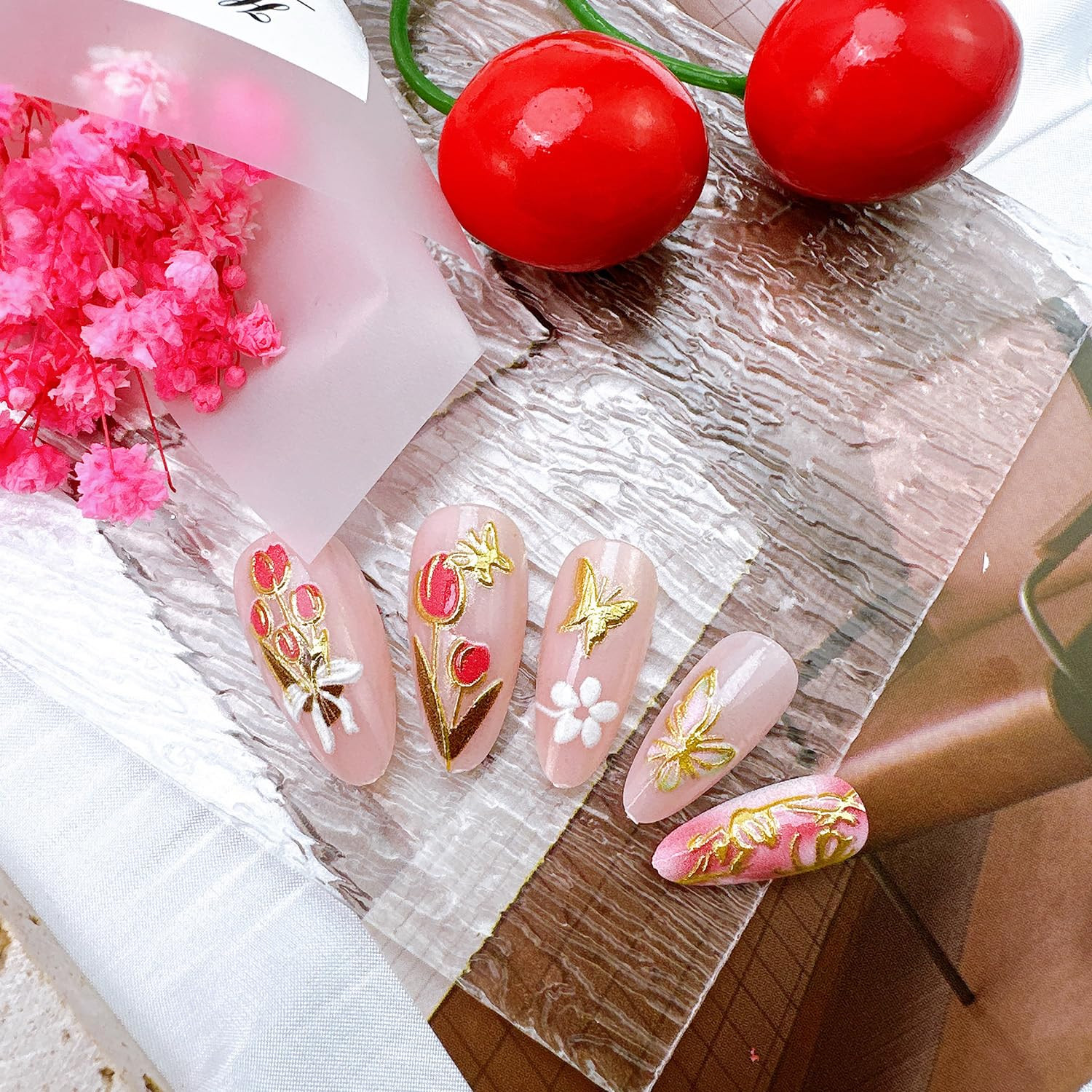 24Pcs Spring Press on Nails Medium Almond Fake Nails with 3D Gold Flower Butterf
