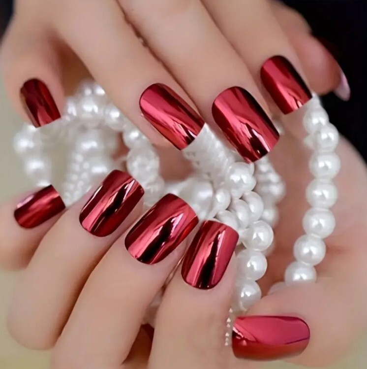 Chrome Red Silver Blue Dark Gray Medium Square Glue On Fingernails 4 Sets